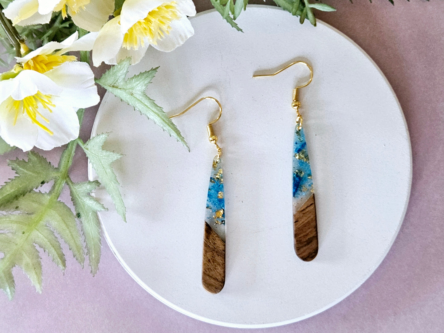 Wood and Resin Droplet Earrings