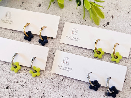 Retro Bloom Blue and Green Mini Hoop Earrings