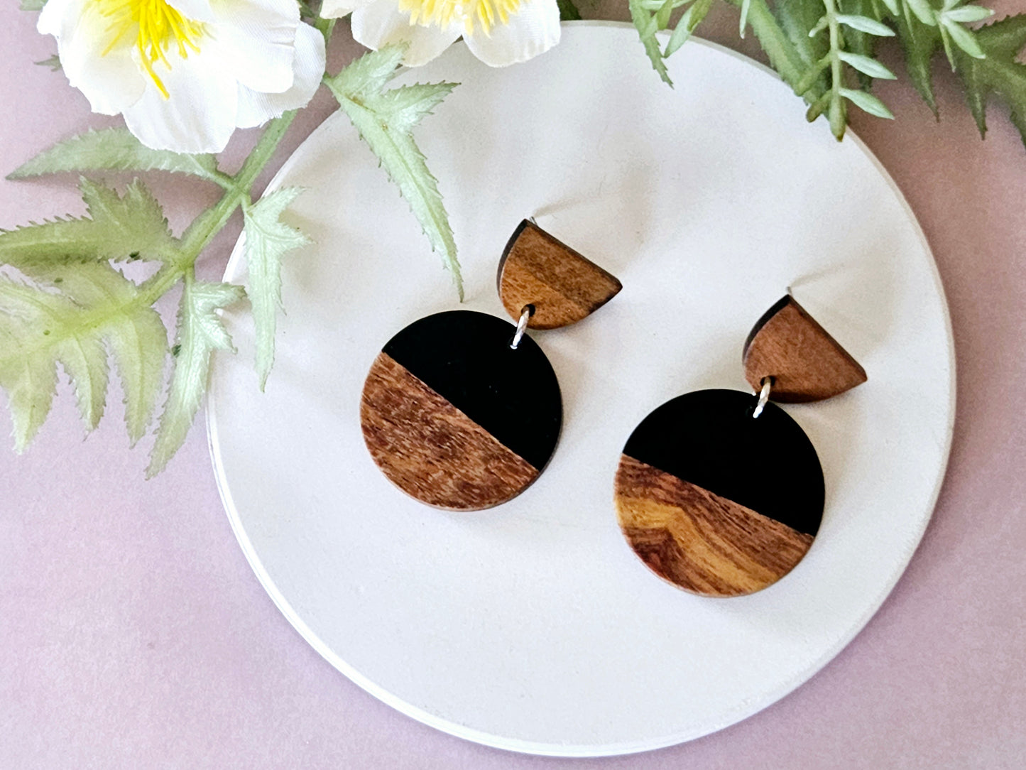 Wood and Resin Monochrome Circle Earrings