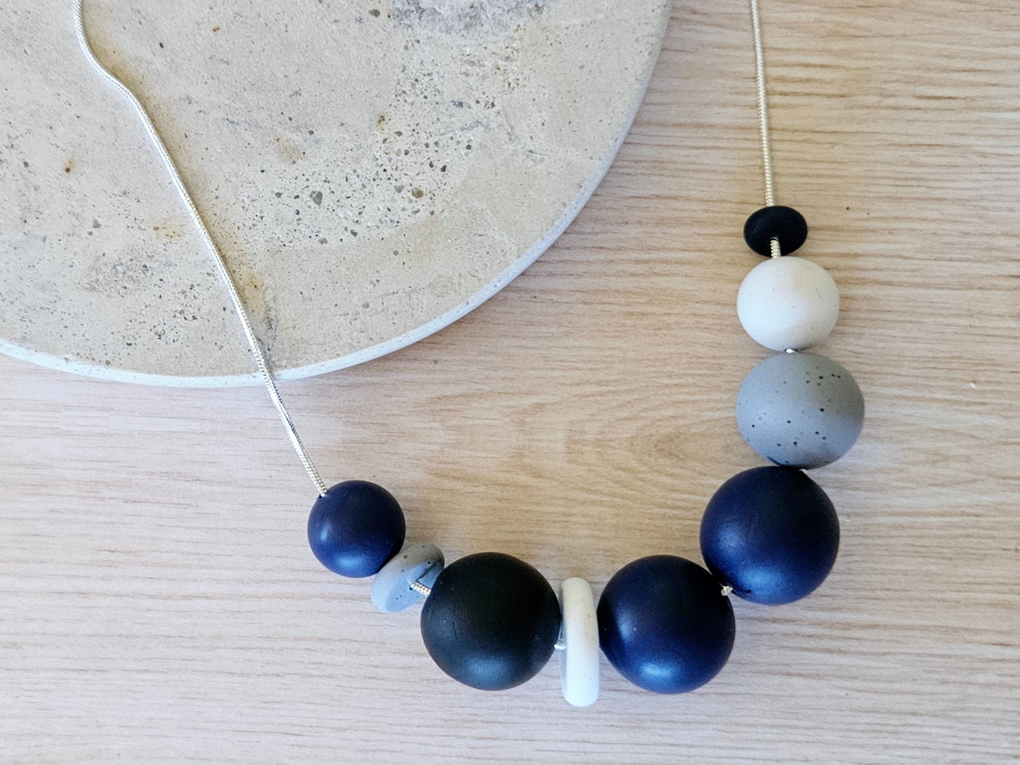 Contemporary Long Statement Sterling Silver Necklace Navy
