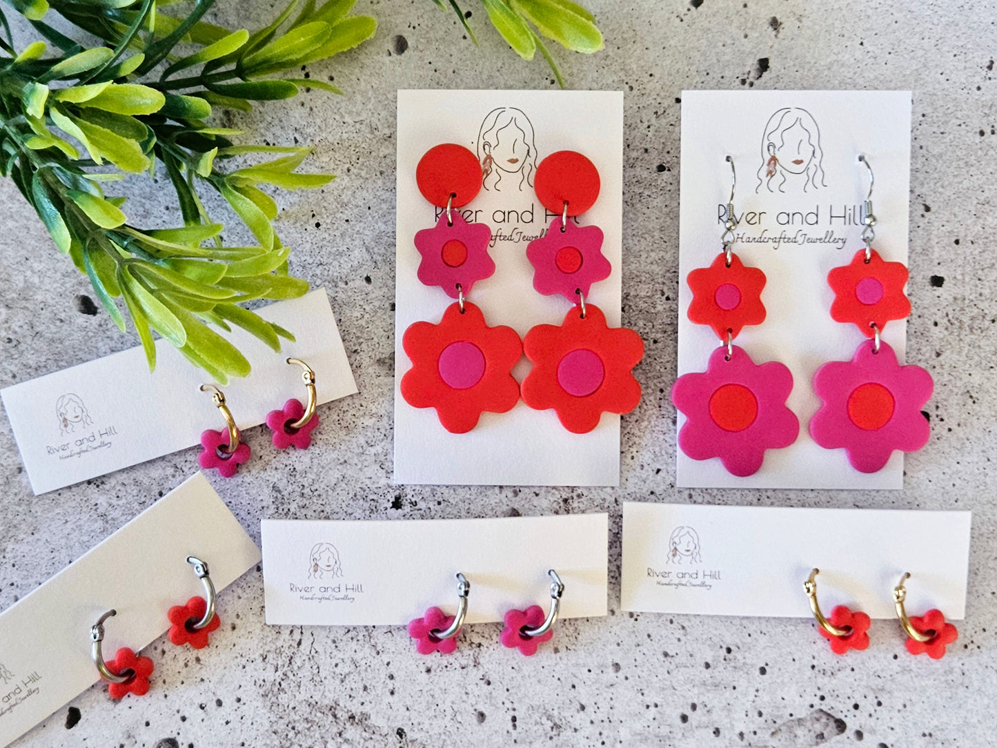 Retro Bloom Pink and Red Hook Earrings