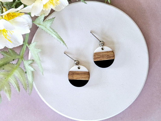 Wood and Resin Monochrome Dainty Circle Earrings