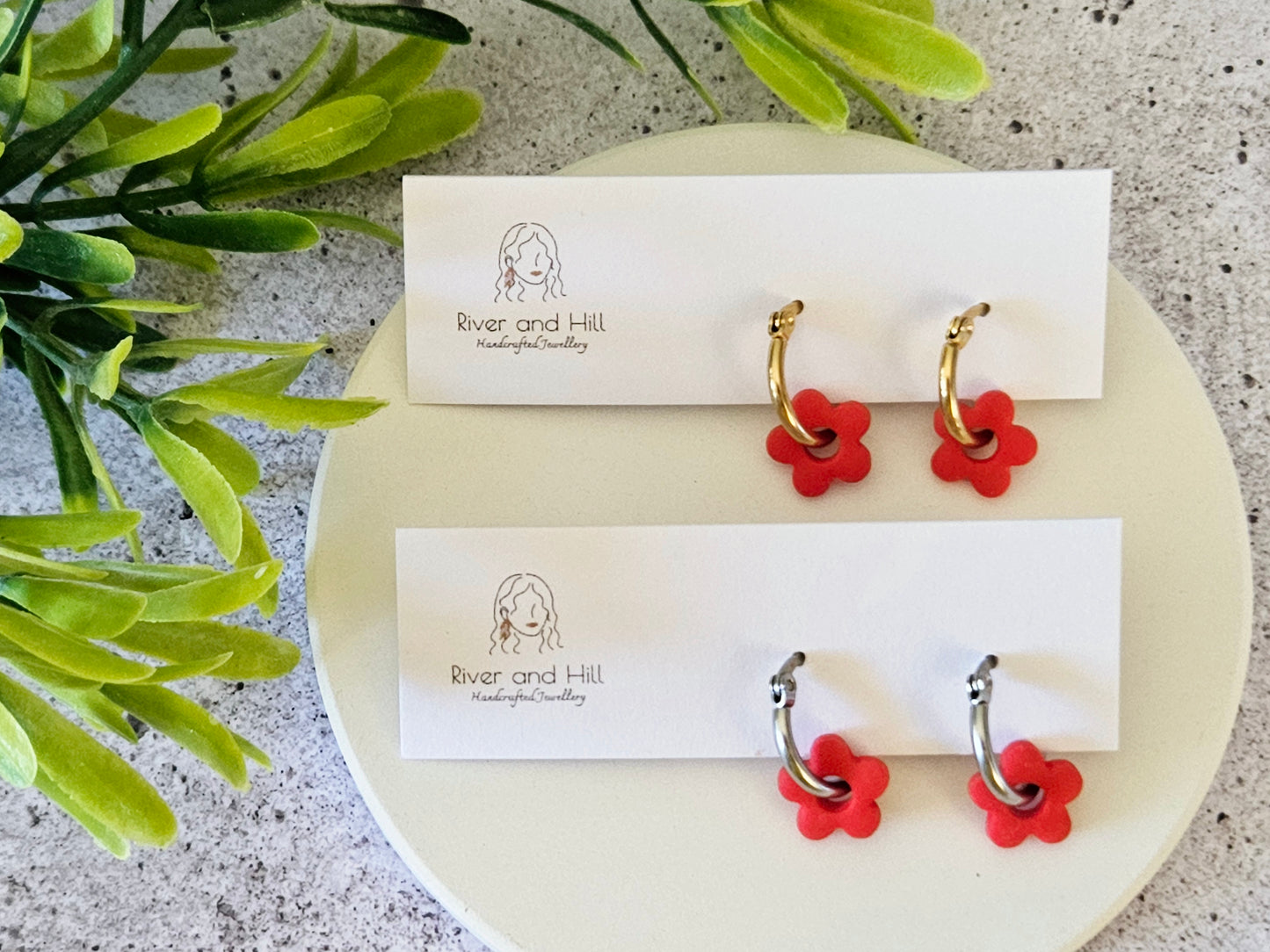 Retro Bloom Red and Pink Mini Hoop Earrings