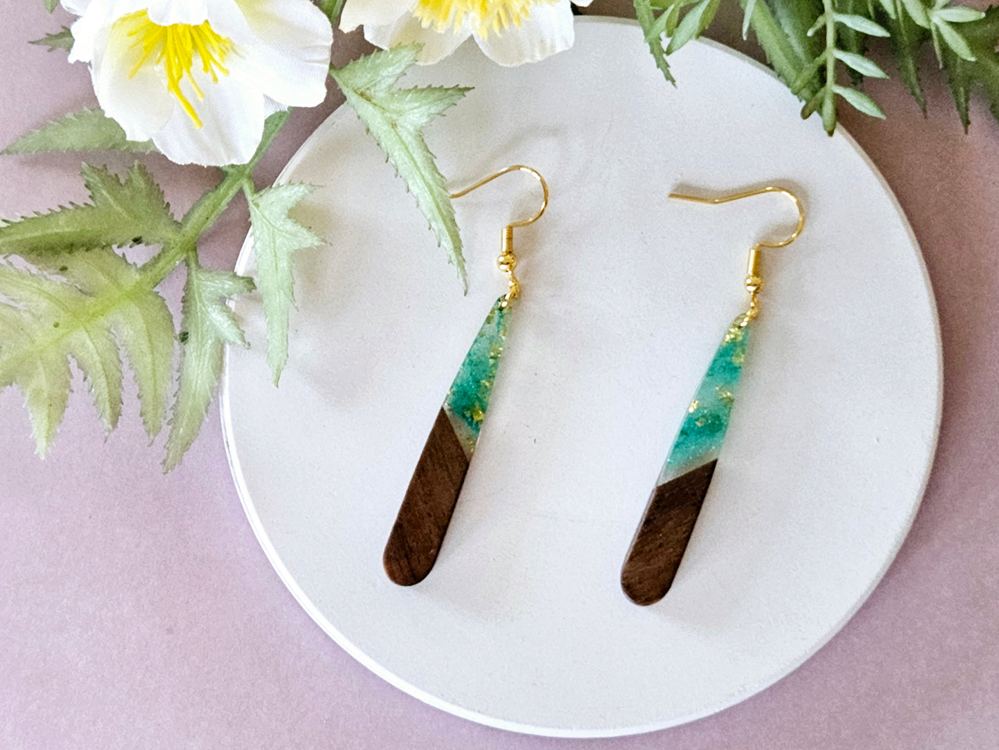Wood and Resin Droplet Earrings