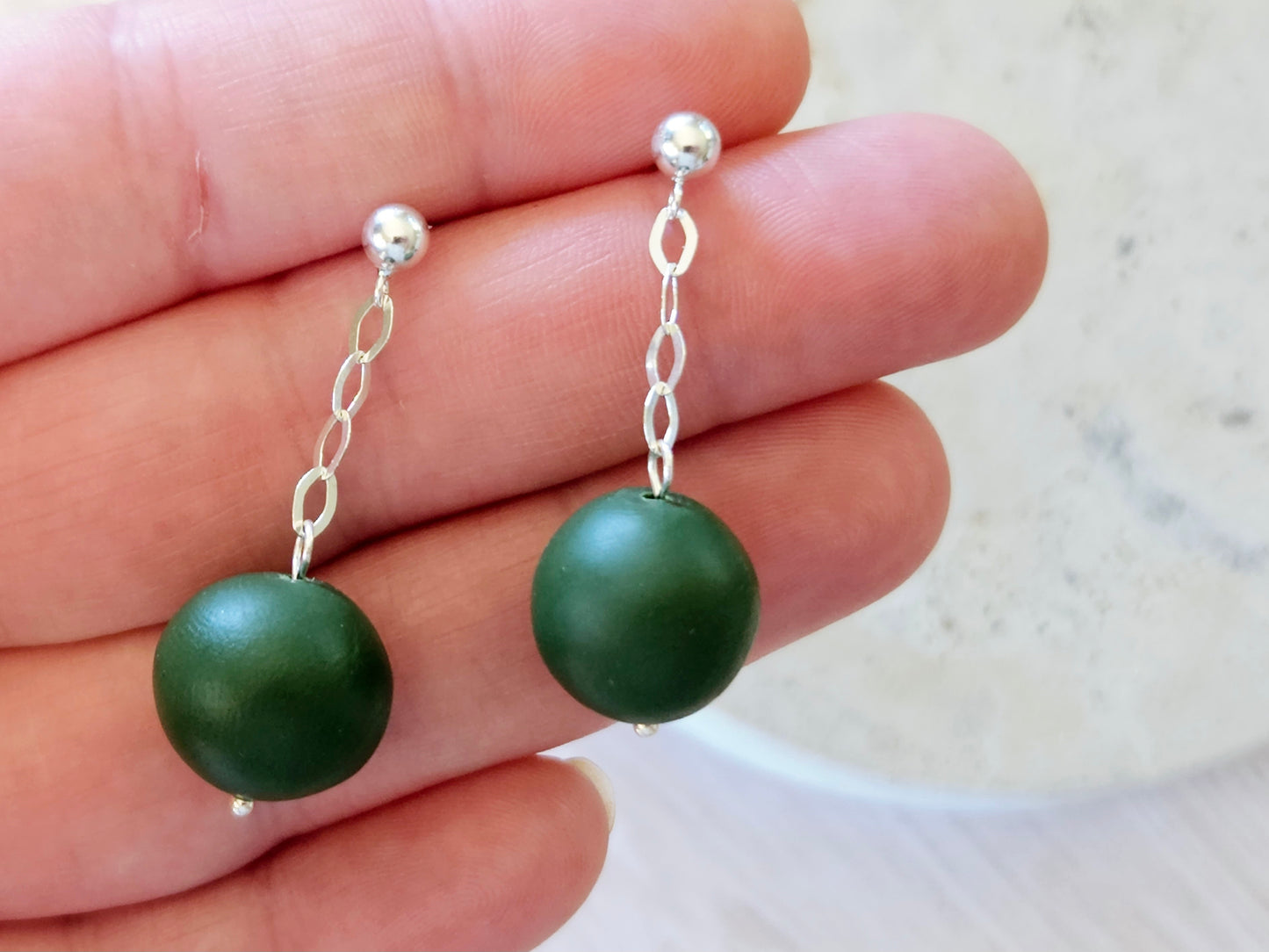 Contemporary Hand-rolled Bead Sterling Silver Earrings Green