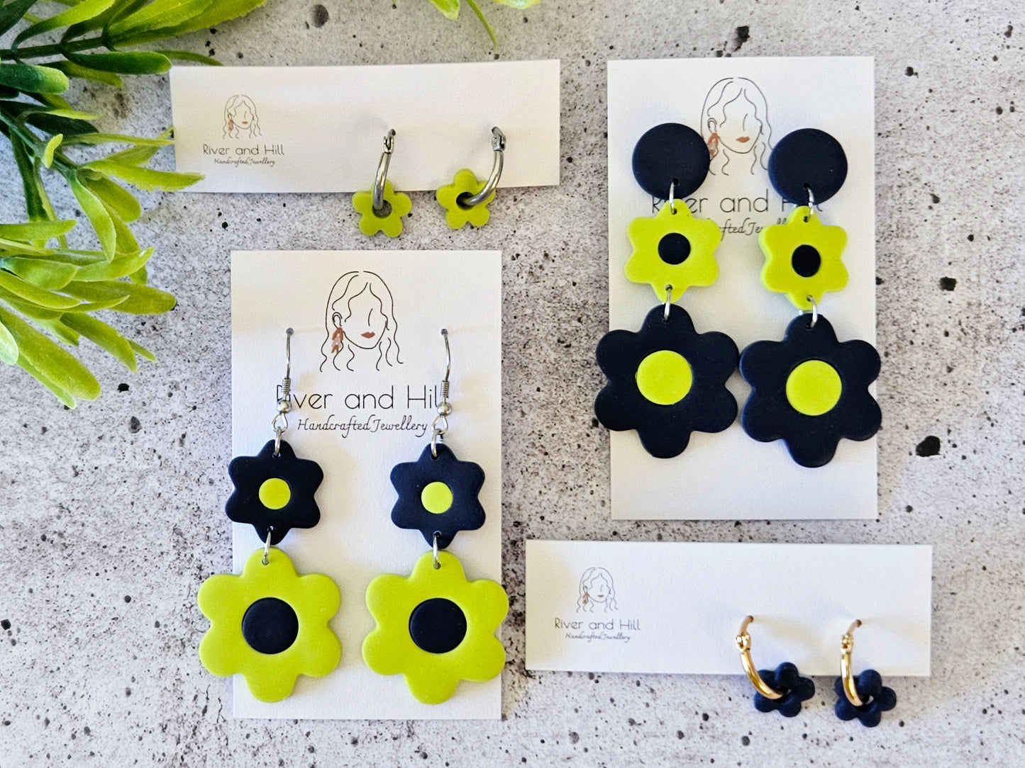 Retro Bloom Blue and Green Hook Earrings