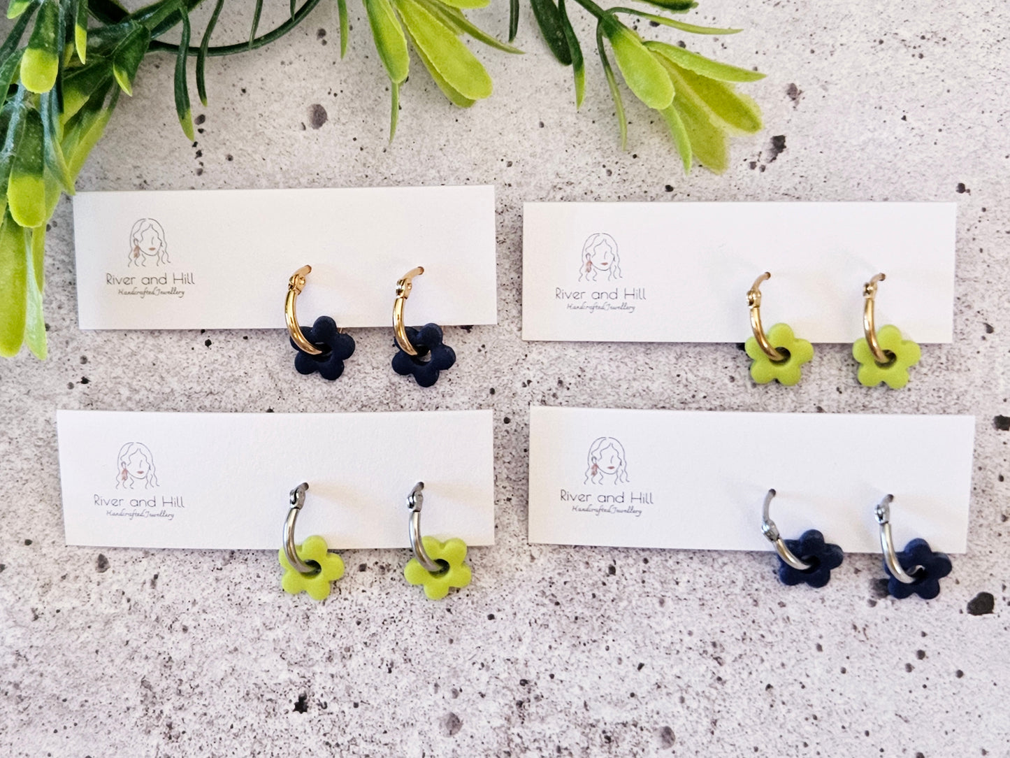 Retro Bloom Blue and Green Mini Hoop Earrings