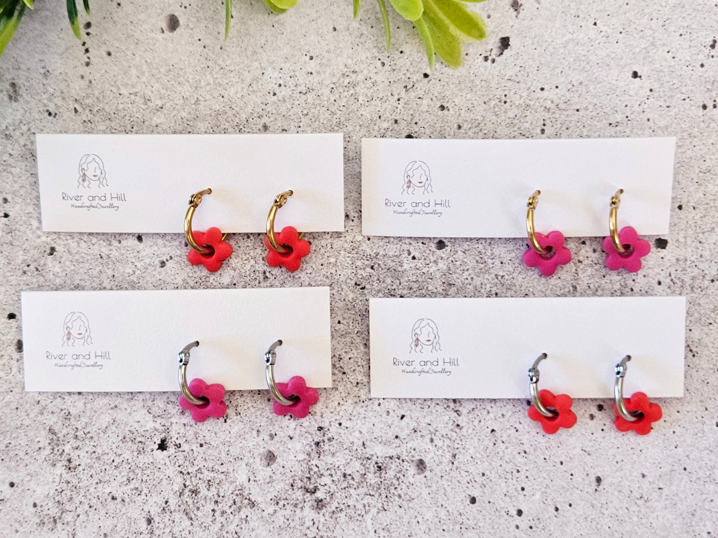 Retro Bloom Red and Pink Mini Hoop Earrings