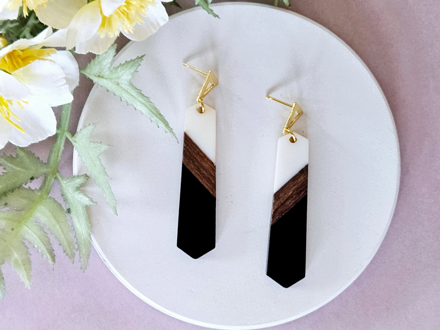 Wood and Resin Monochrome Dagger Earrings