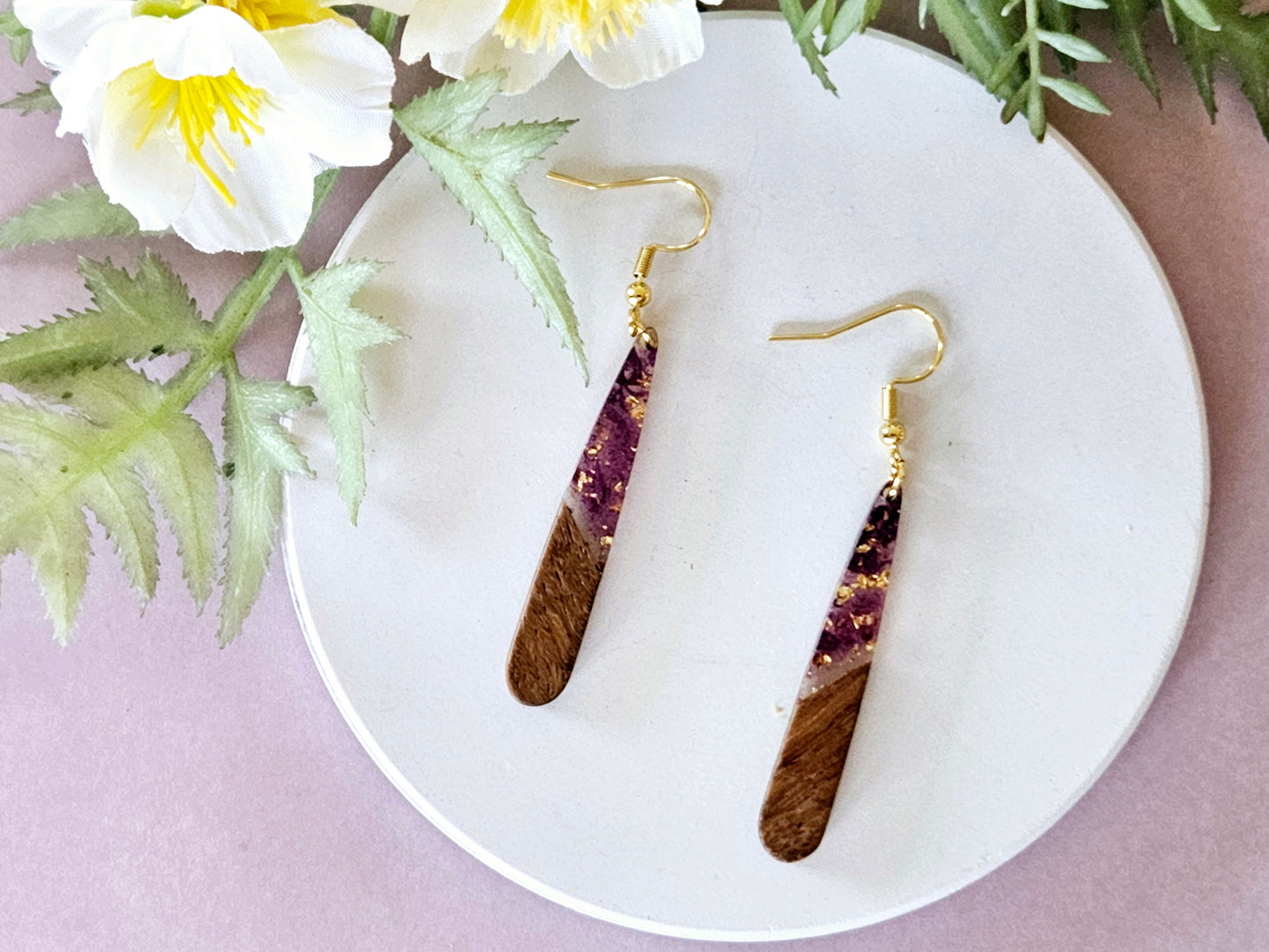 Wood and Resin Droplet Earrings
