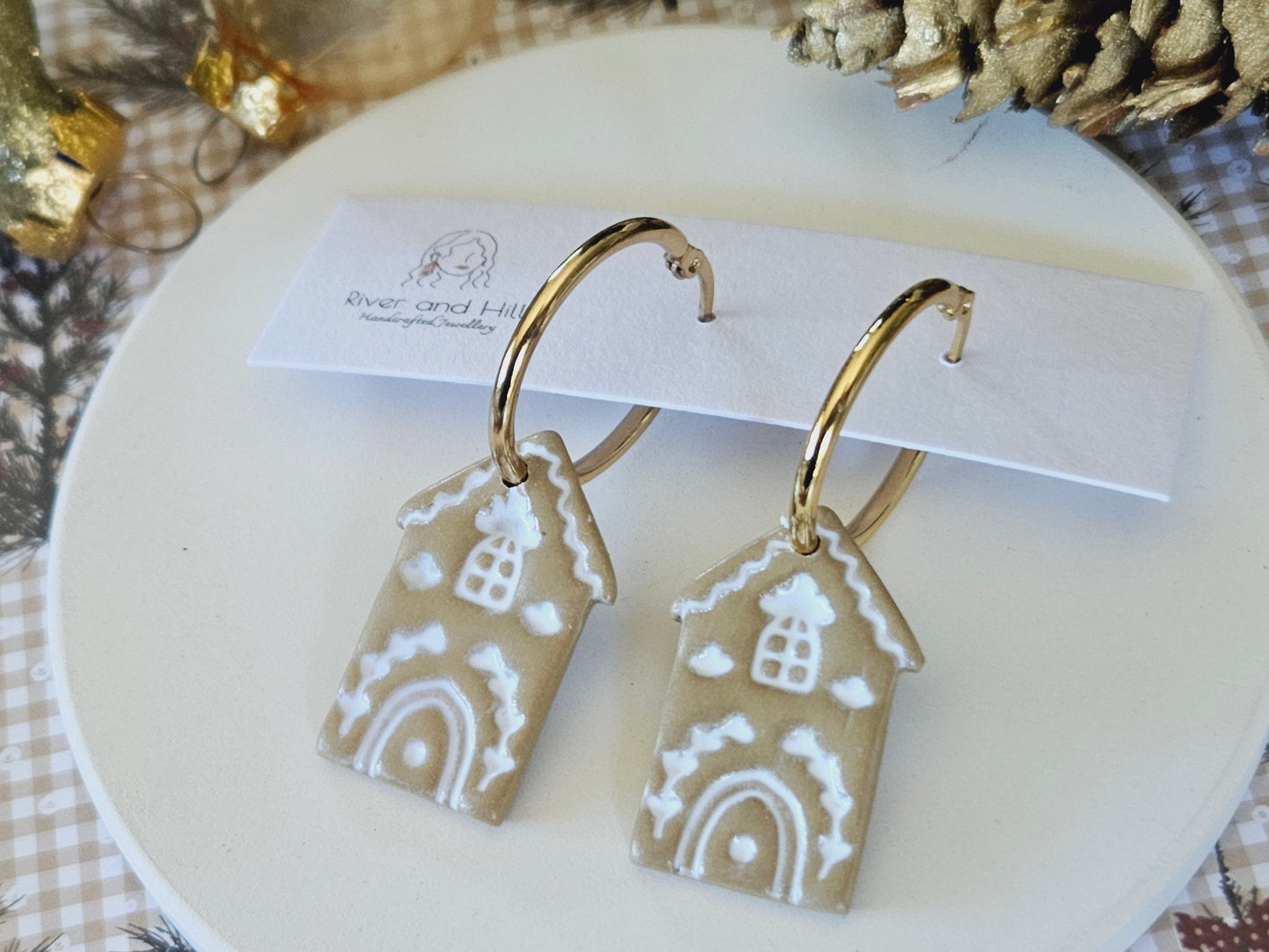 Christmas Folk Gingerbread House Hoop Earrings