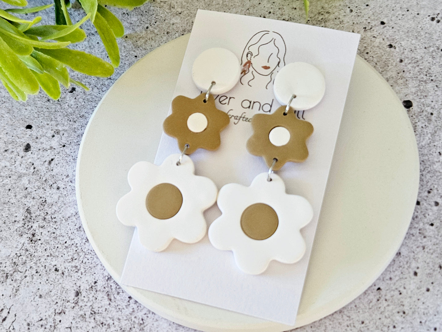 Retro Bloom White and Beige Earrings