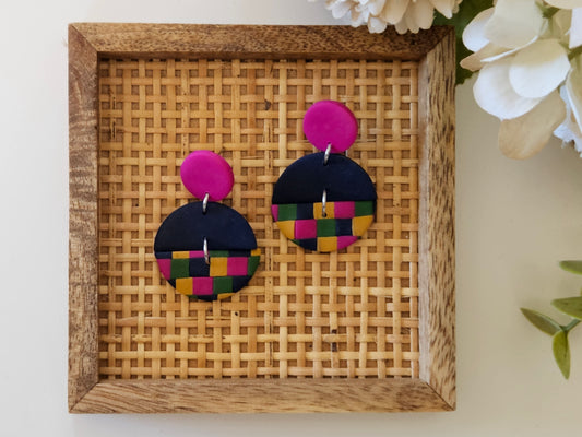 Checkered Disk Bright Earrings