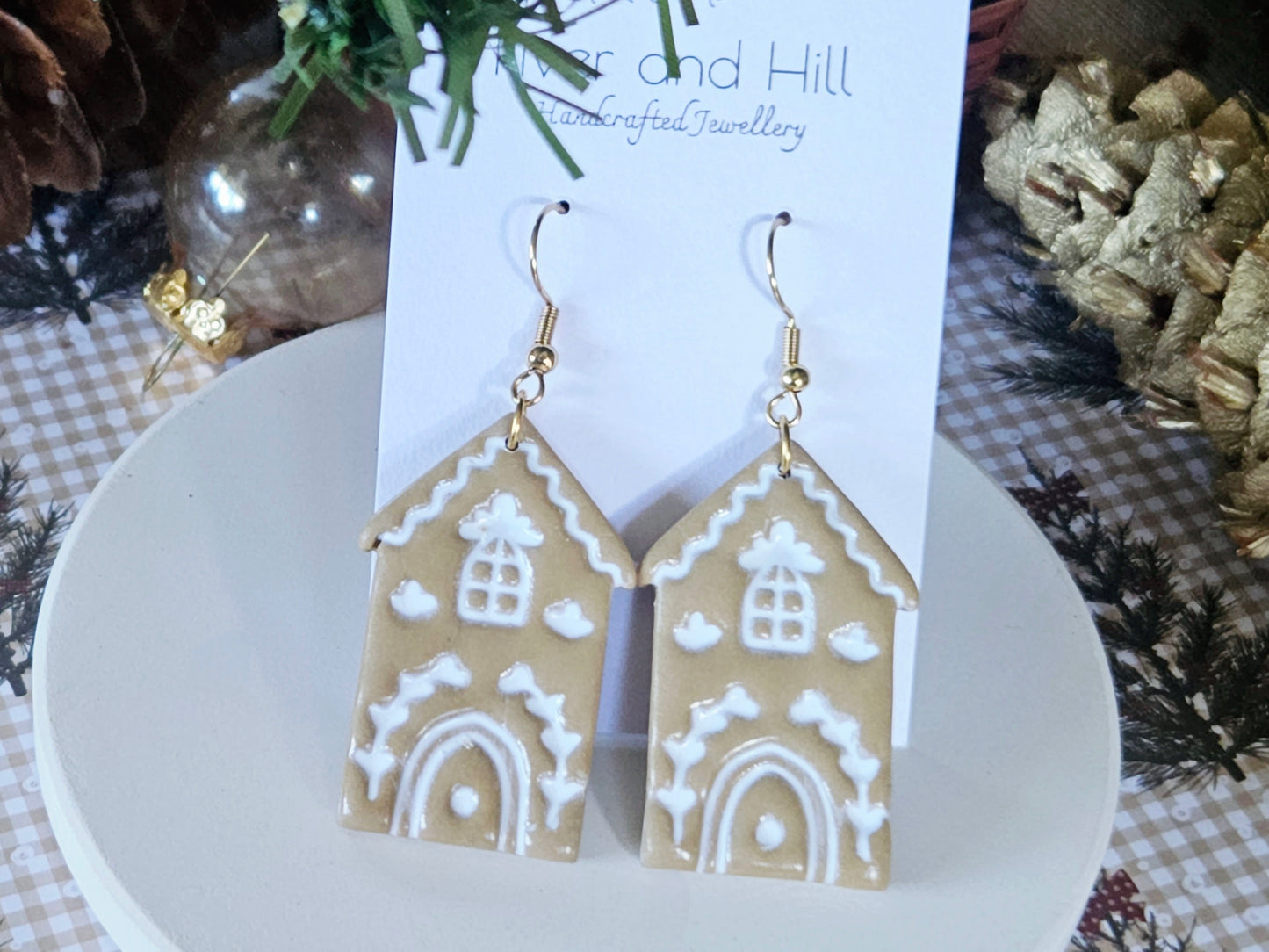 Christmas Folk Gingerbread House Hook Earrings