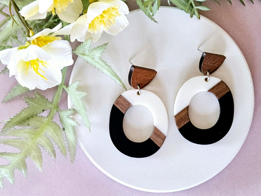 Wood and Resin Monochrome Statement Oval Earrings