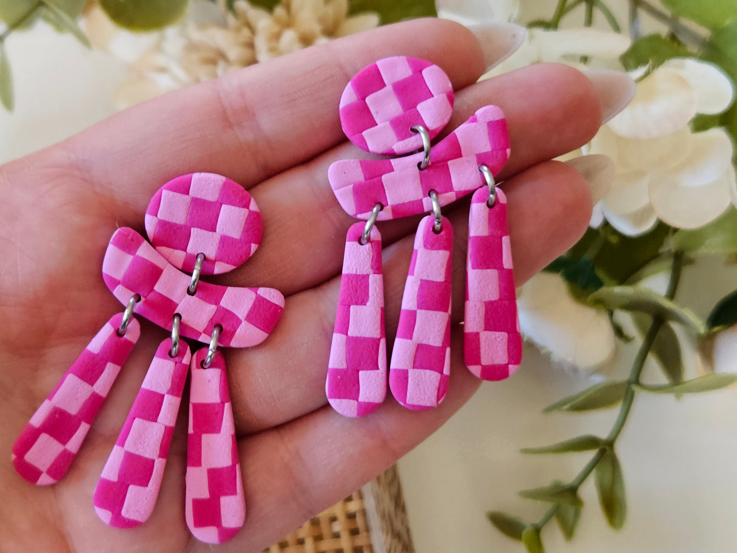 Checkered Dangle Pink Earrings