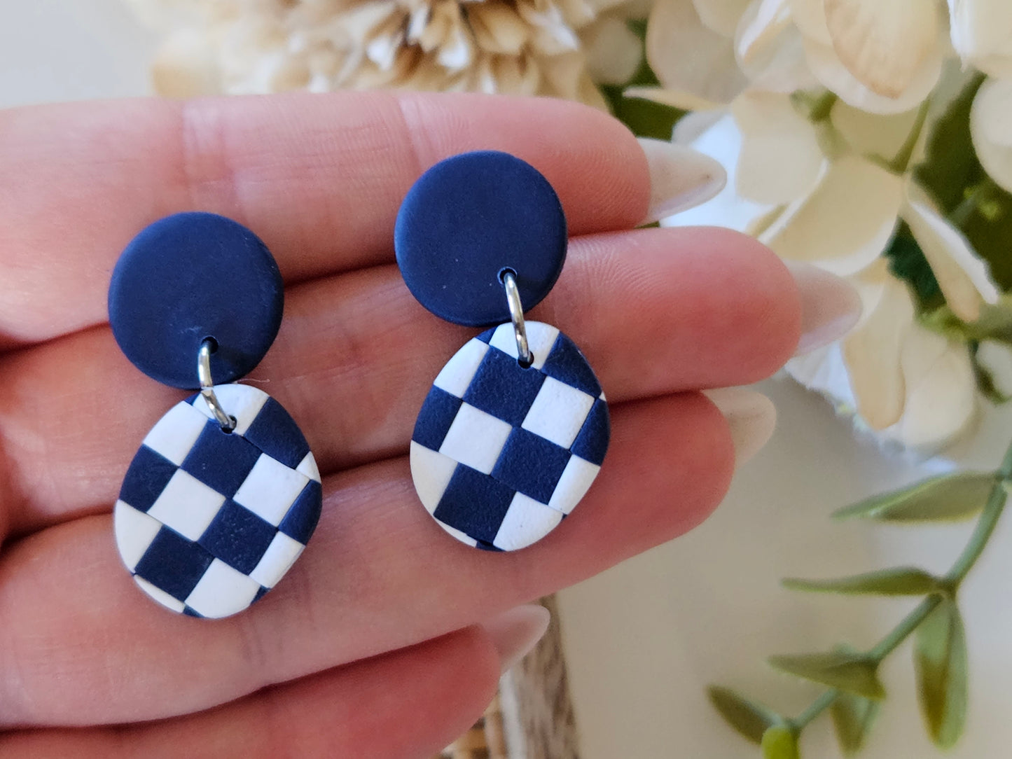 Checkered Drops Navy and White Earrings