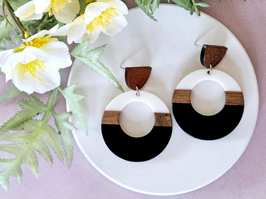 Wood and Resin Monochrome Statement Circle Earrings