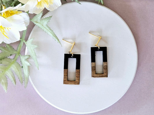 Wood and Resin Monochrome Dainty Rectangular Earrings