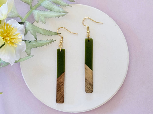 Wood and Resin Bar Gold Hook Earrings