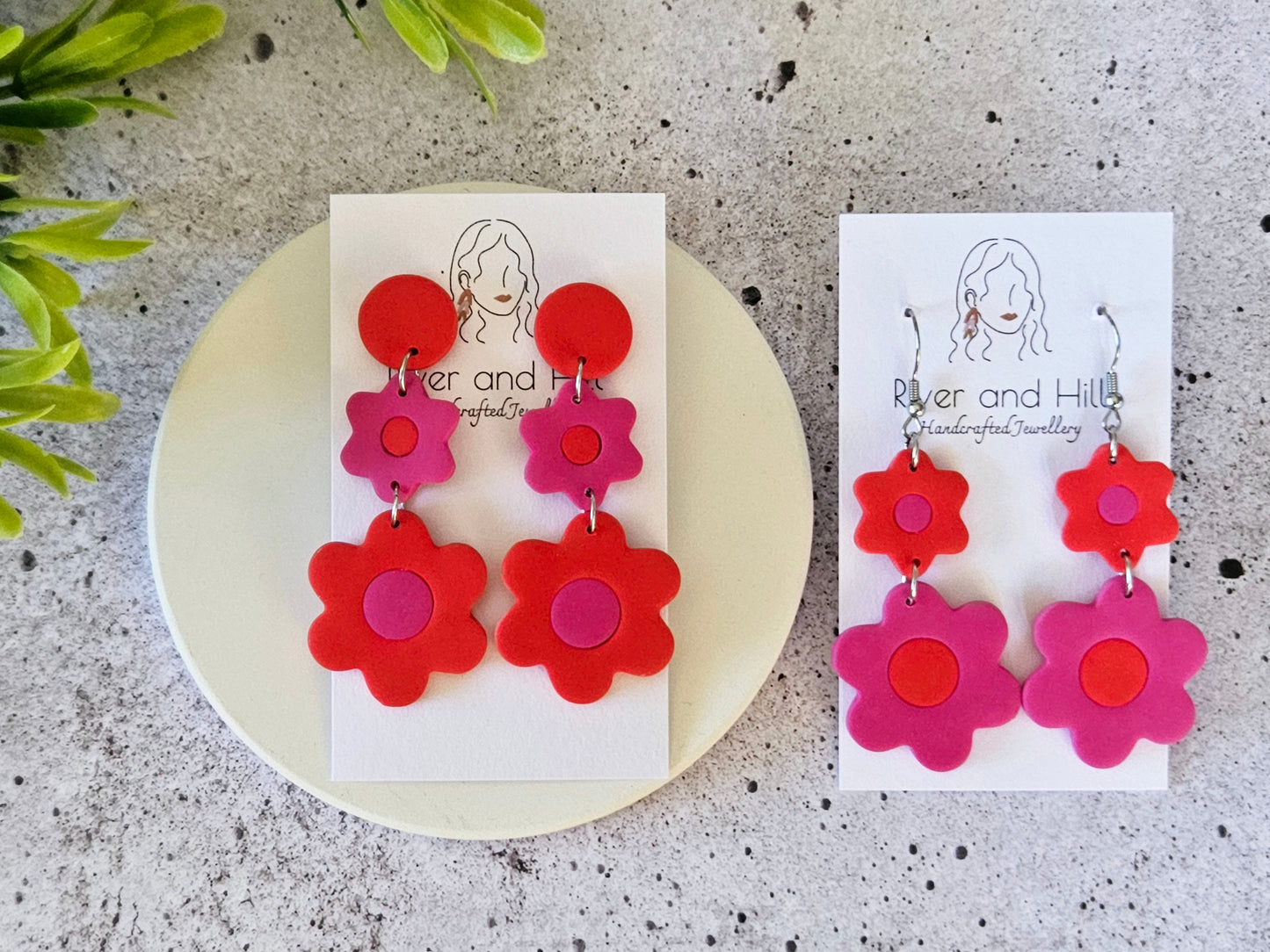 Retro Bloom Pink and Red Hook Earrings