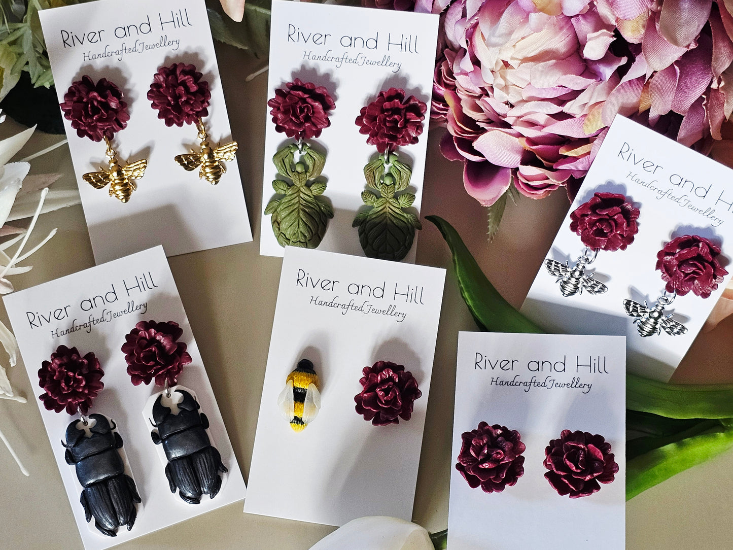 Carnation and Bee Charm Gold Earrings