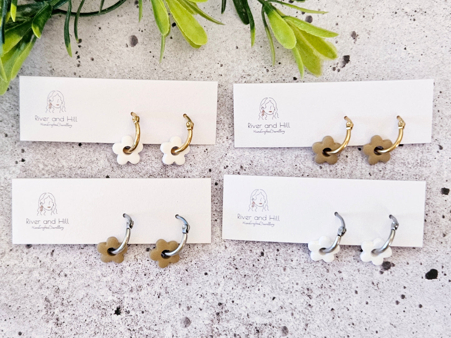 Retro Bloom White and Beige Mini Hoop Earrings