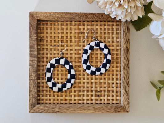 Checkered Oval Navy and White Earrings