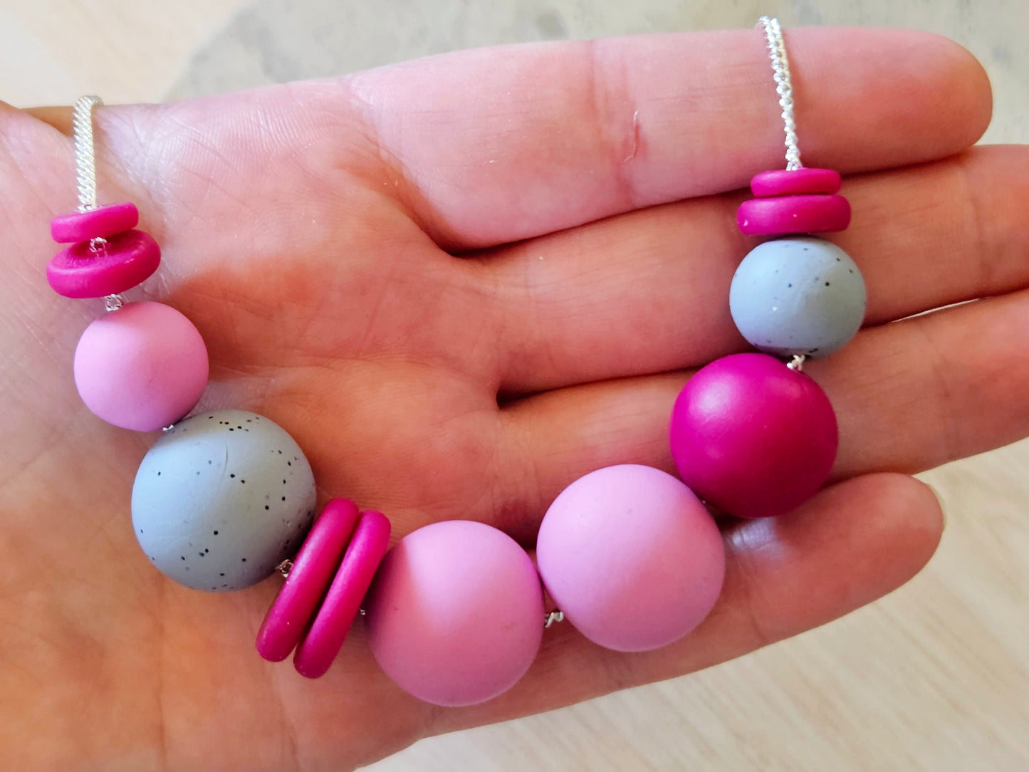 Contemporary Long Statement Sterling Silver Necklace Pink