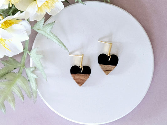 Wood and Resin Monochrome Heart Earrings