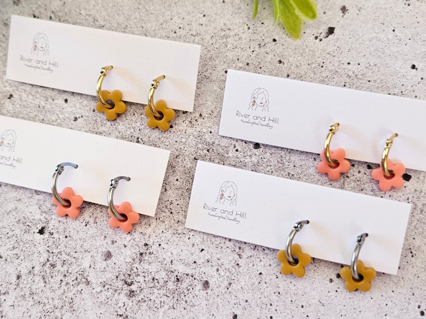 Retro Bloom Mustard and Pink Mini Hoop Earrings