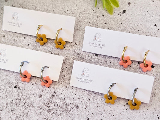 Retro Bloom Mustard and Pink Mini Hoop Earrings