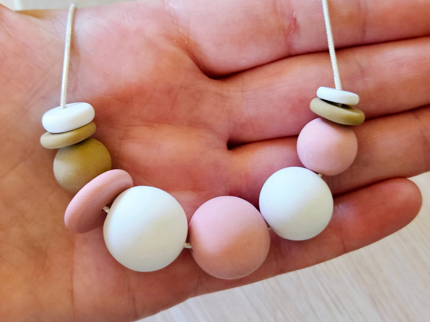 Contemporary Long Statement Sterling Silver Necklace Pale Pink