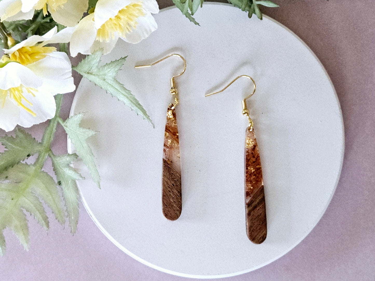 Wood and Resin Droplet Earrings