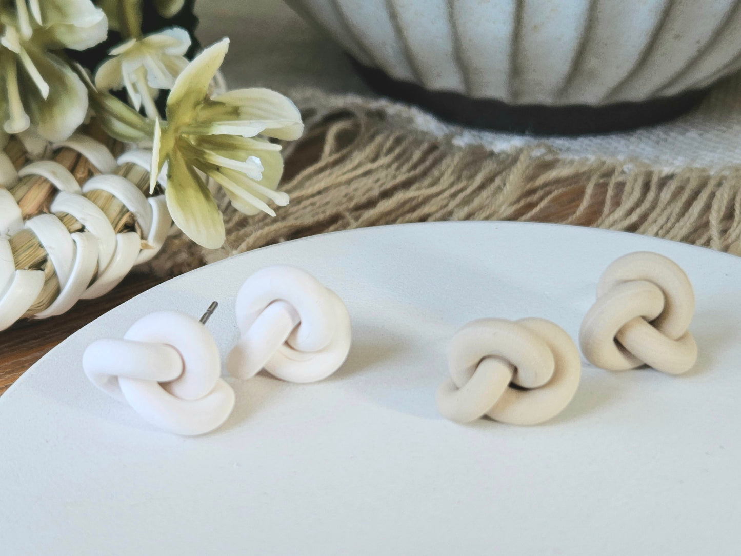 Knitted Clay Knot Beige Studs