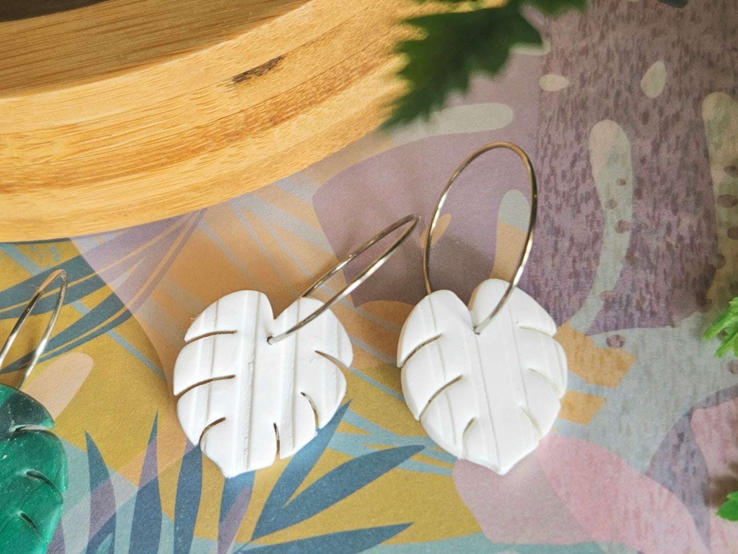 Monstera Mini Hoop White Earrings