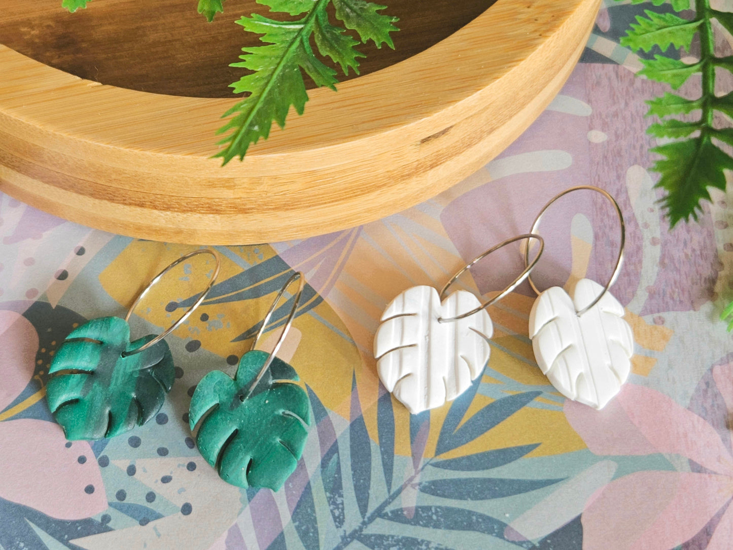 Monstera Mini Hoop White Earrings