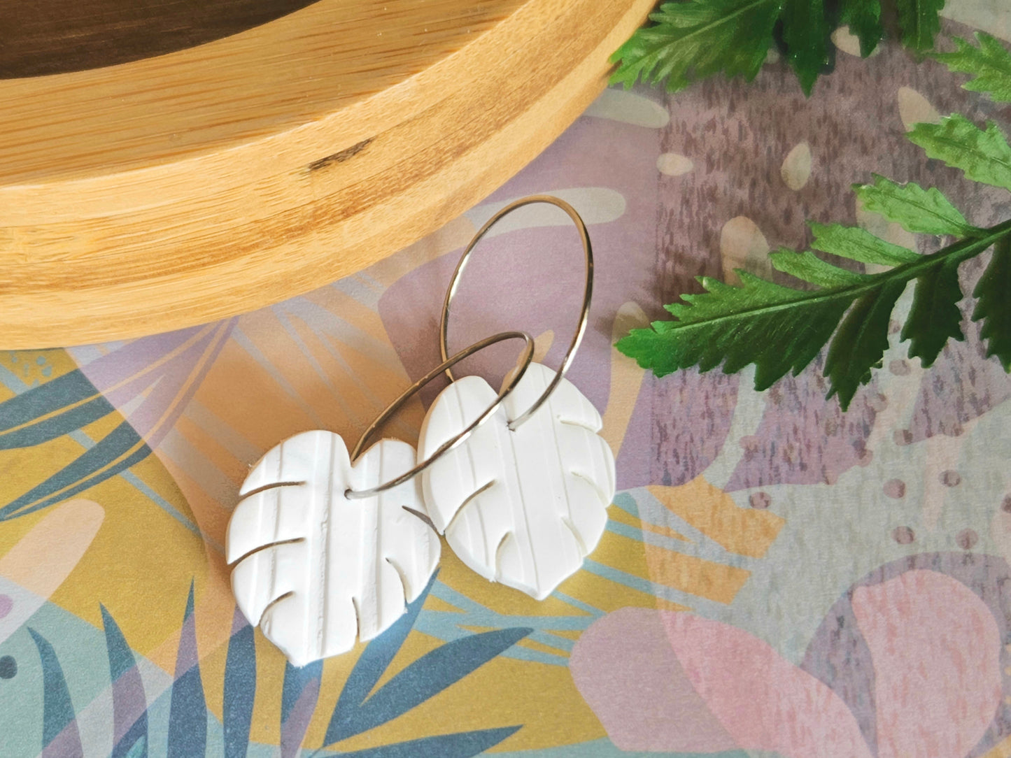 Monstera Mini Hoop White Earrings