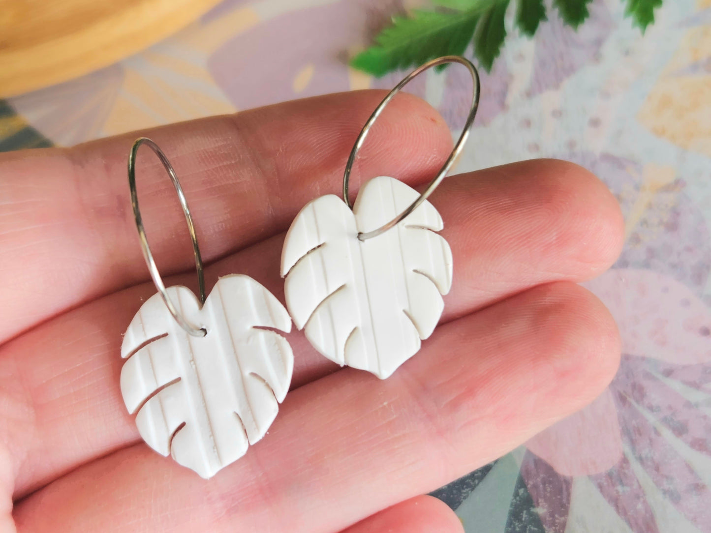 Monstera Mini Hoop White Earrings