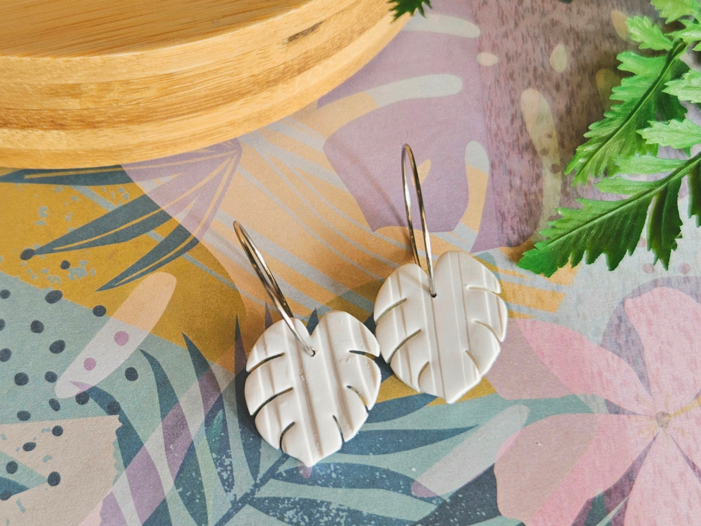 Monstera Mini Hoop White Earrings