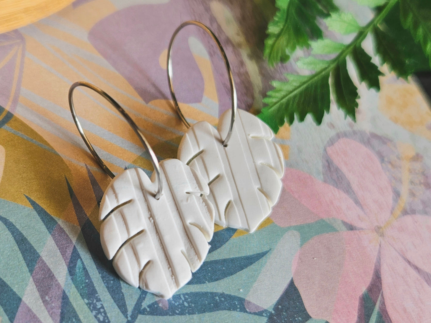 Monstera Mini Hoop White Earrings