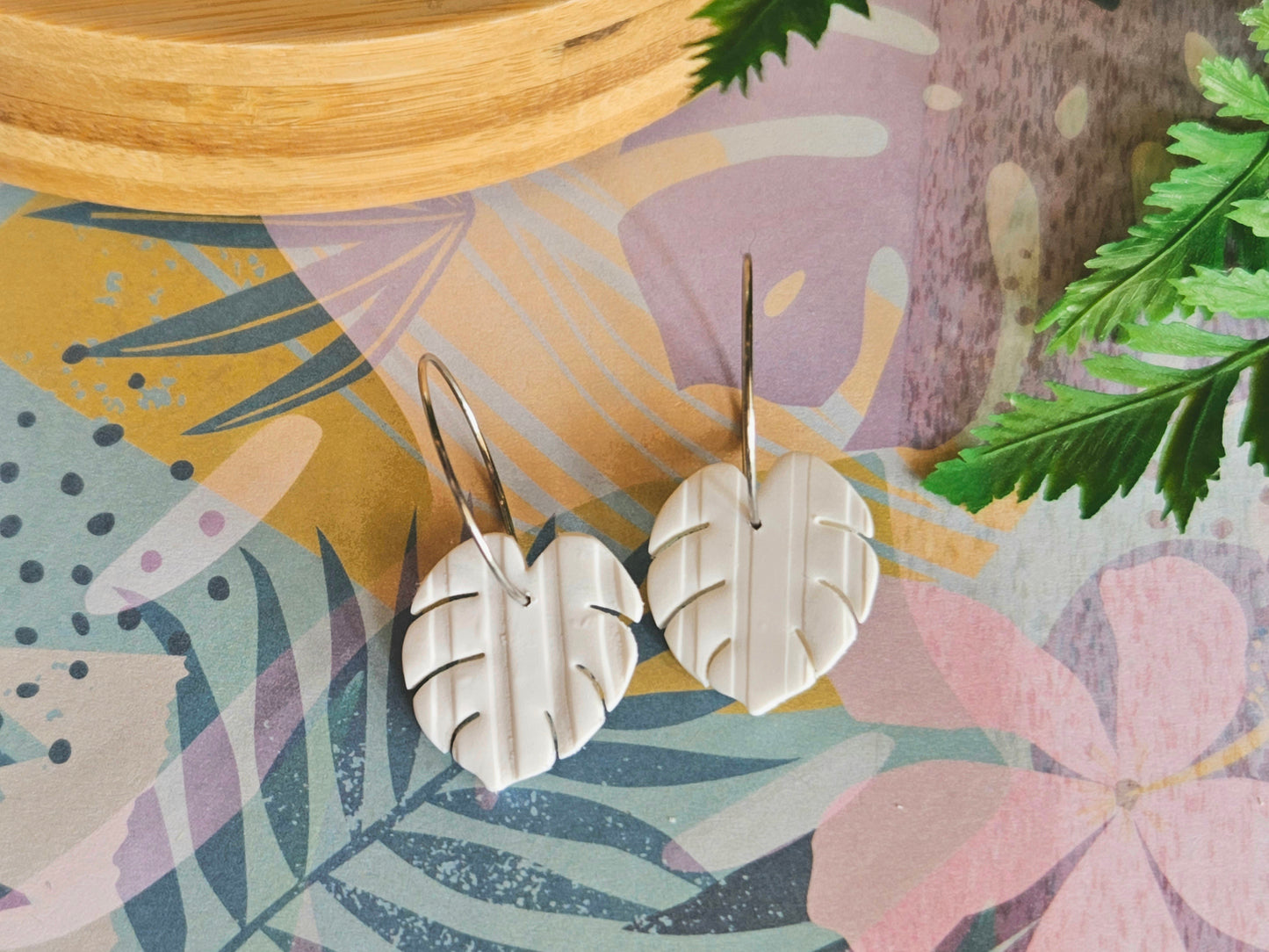 Monstera Mini Hoop White Earrings