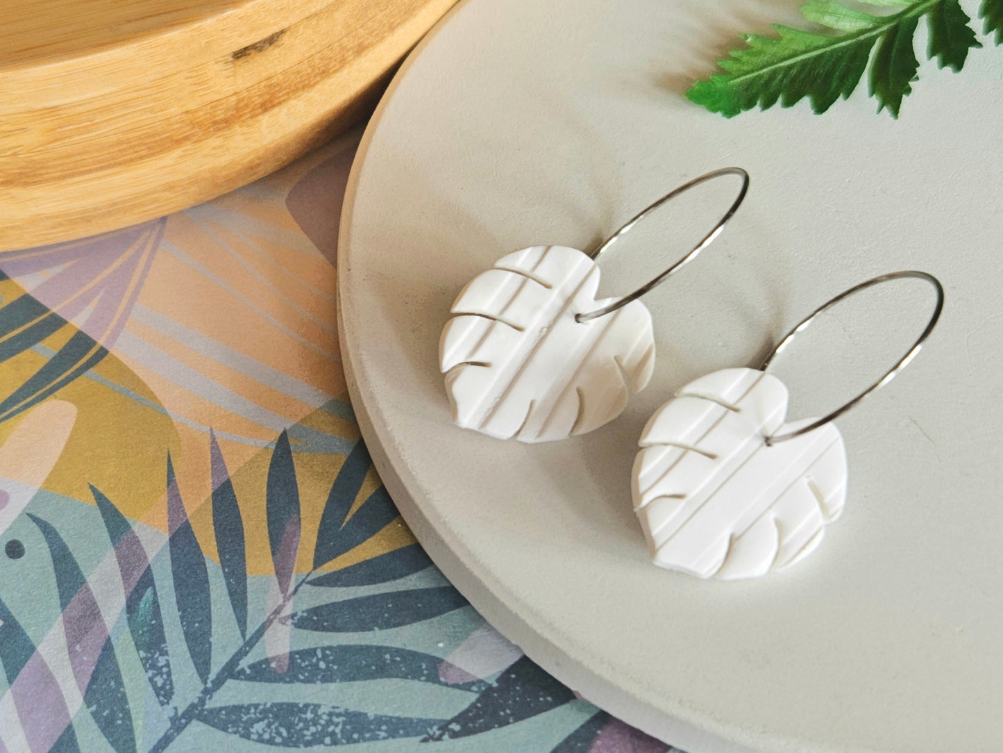 Monstera Mini Hoop White Earrings