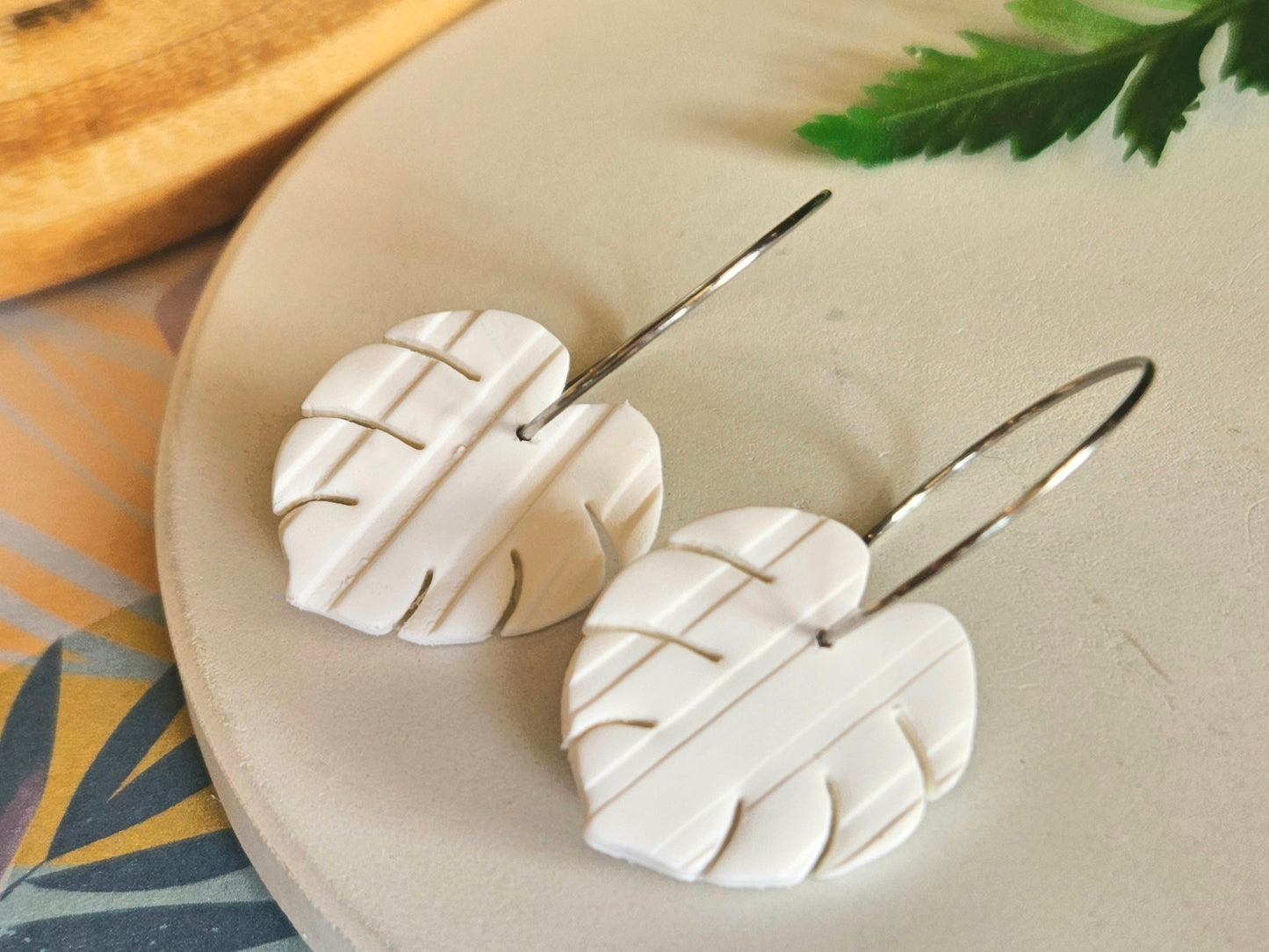 Monstera Mini Hoop White Earrings