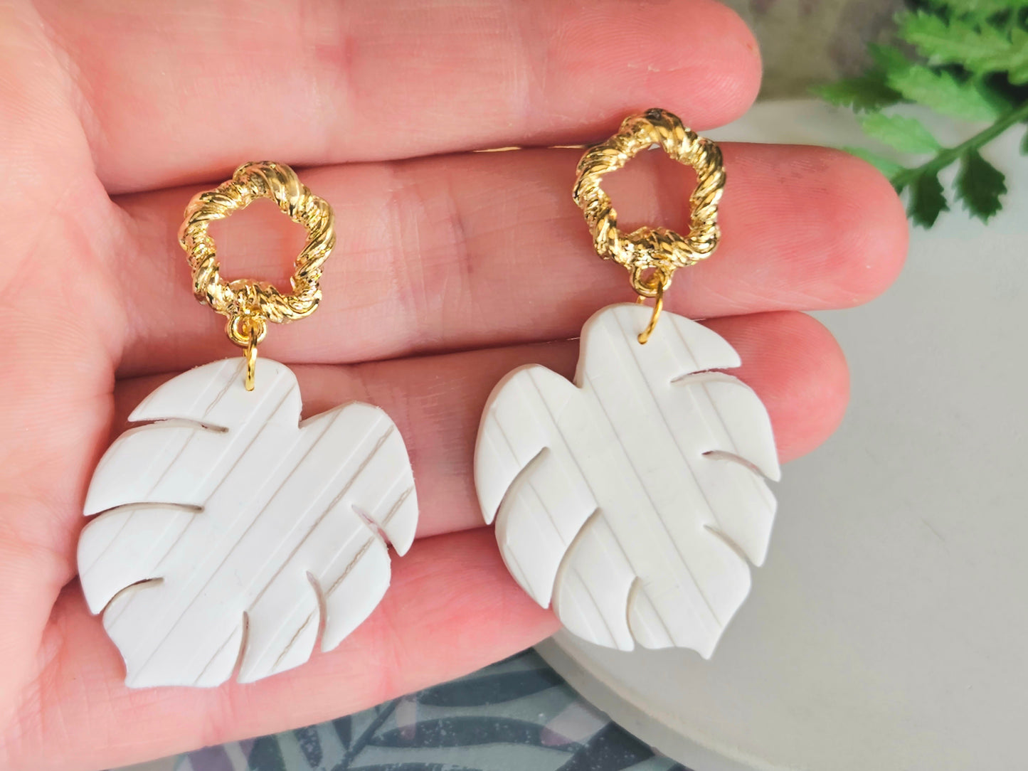 Monstera White Earrings