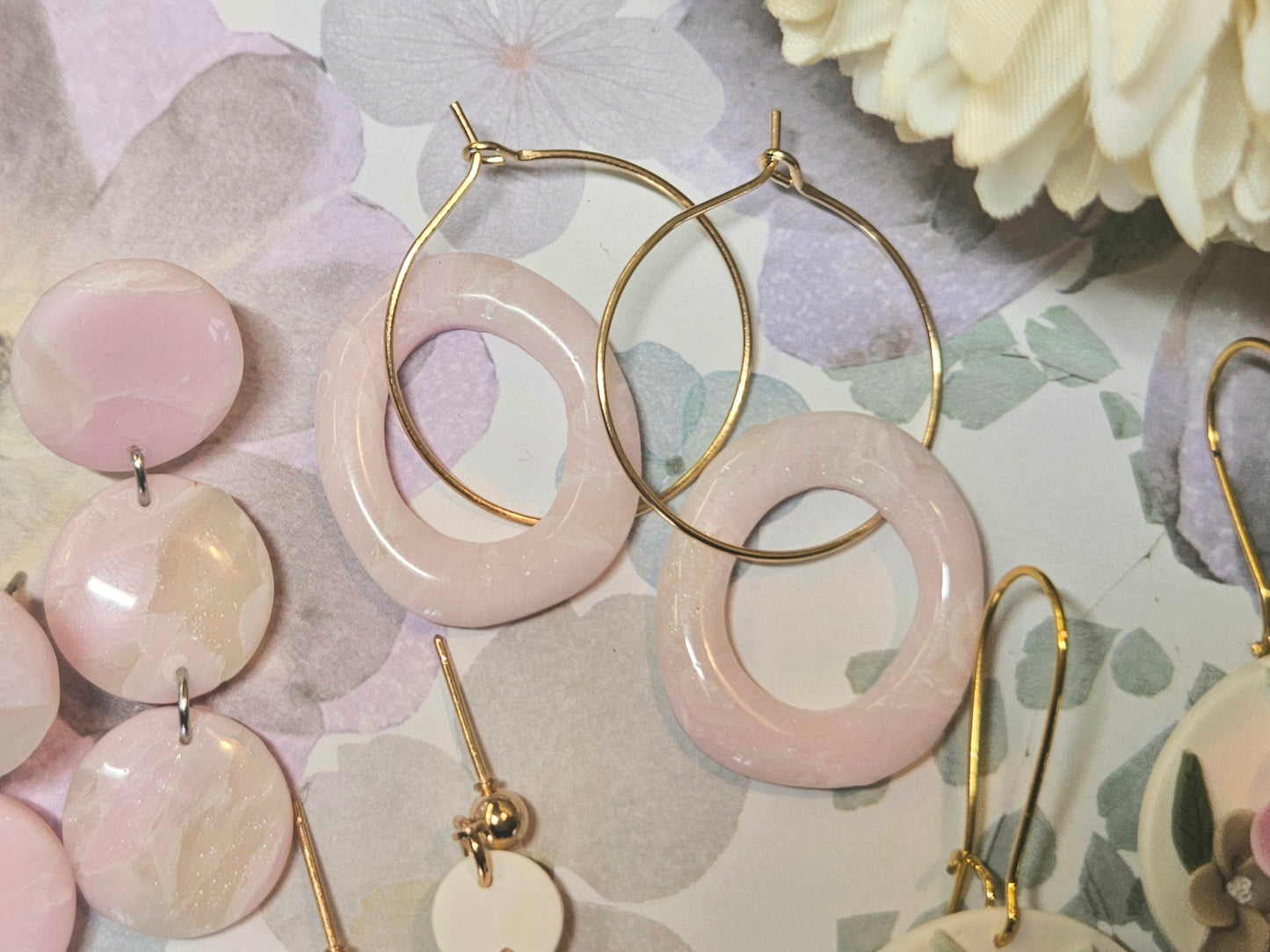 Pink Blossom Faux Quartz Hoop Earrings