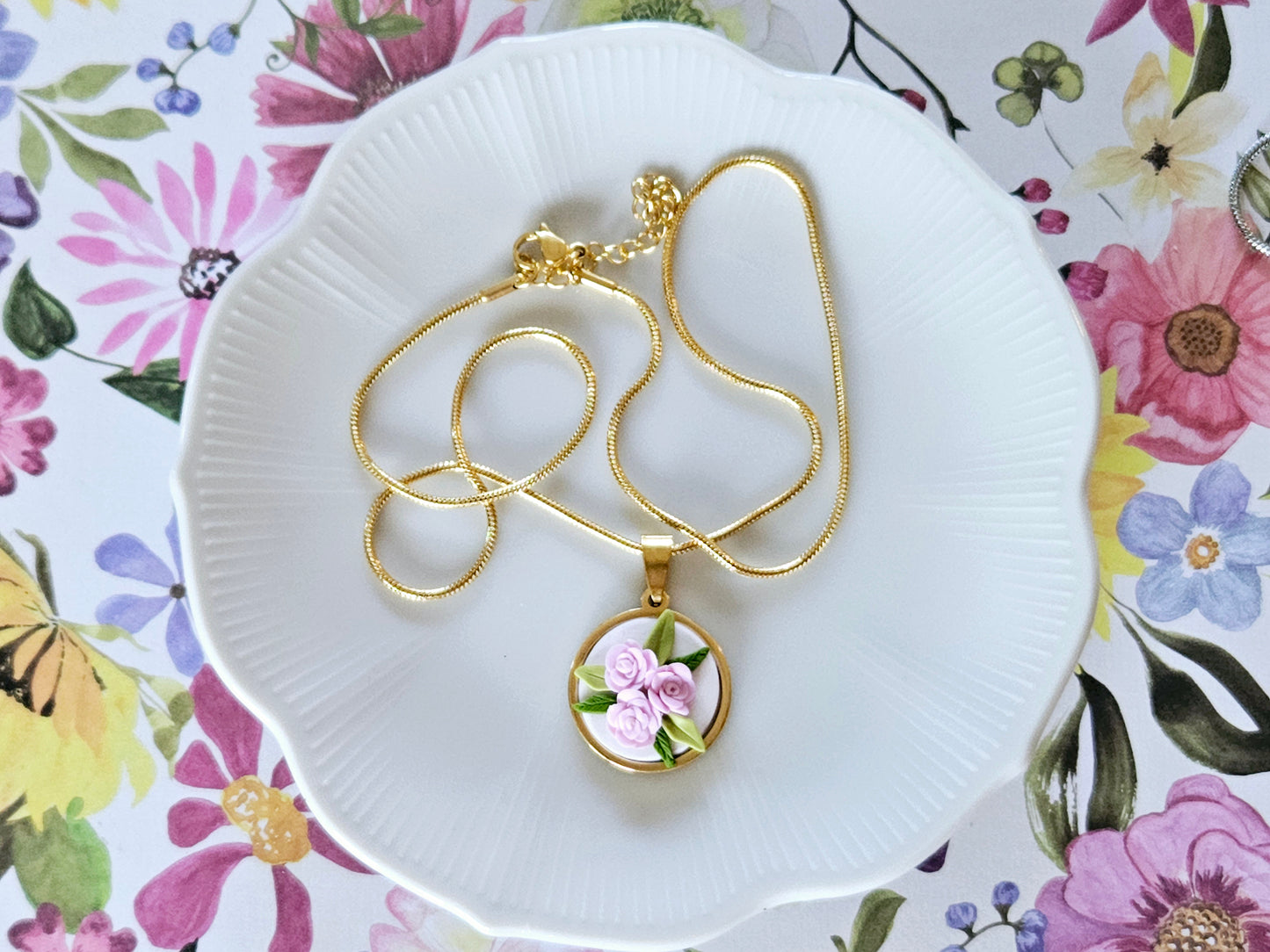 Pink Rose Necklace Gold Tone