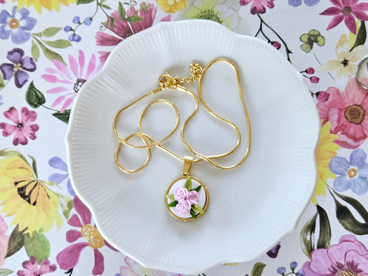 Pink Rose Necklace Gold Tone