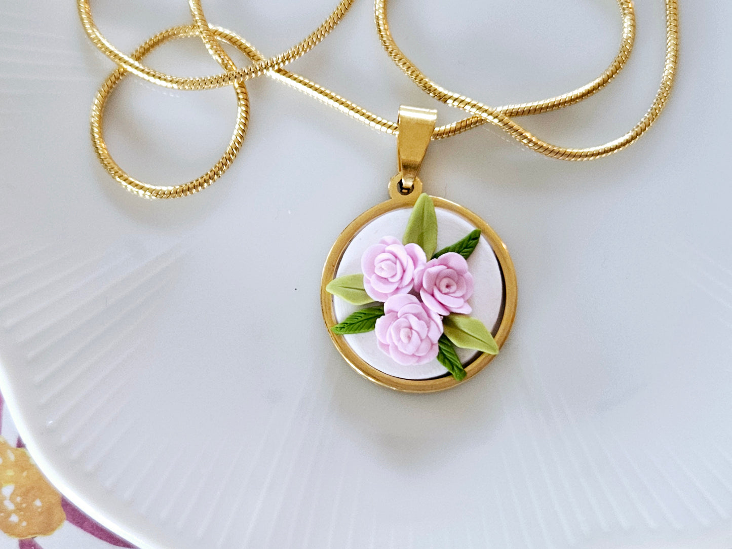 Pink Rose Necklace Gold Tone