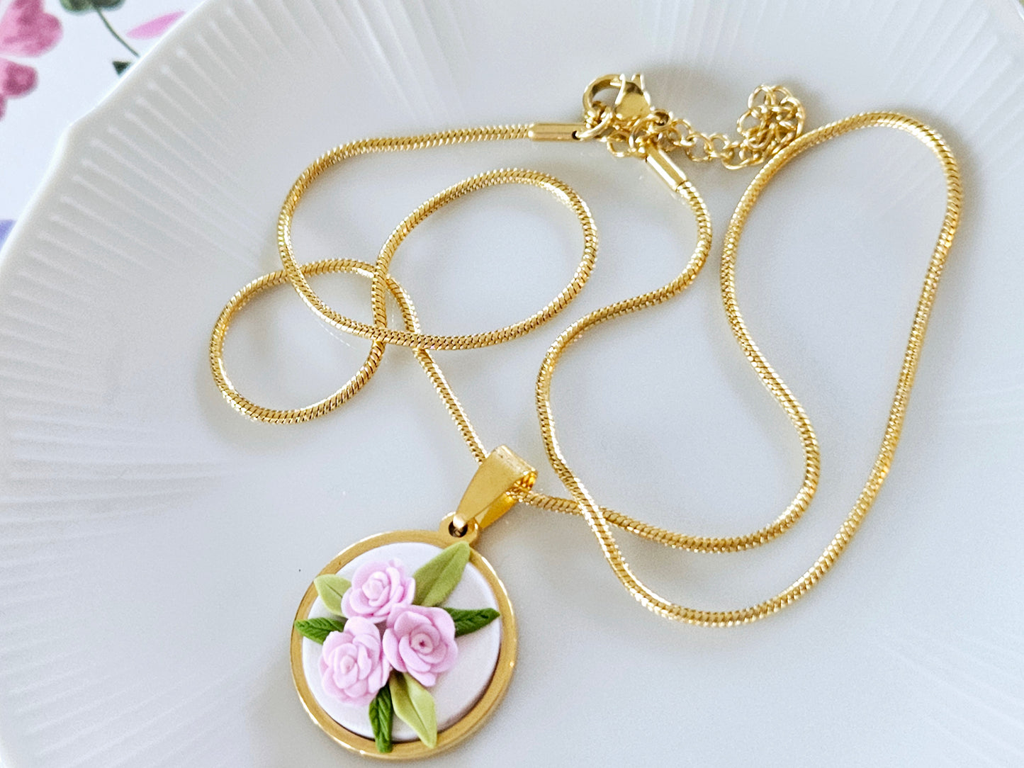 Pink Rose Necklace Gold Tone